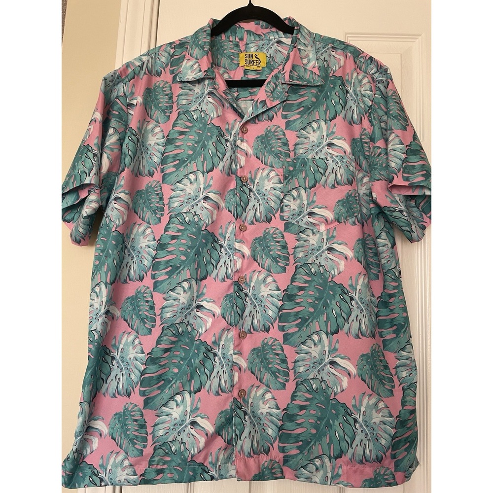 Sun & Surfer Mens Hawaiian Shirt - Size L - Pink/Green Leaves